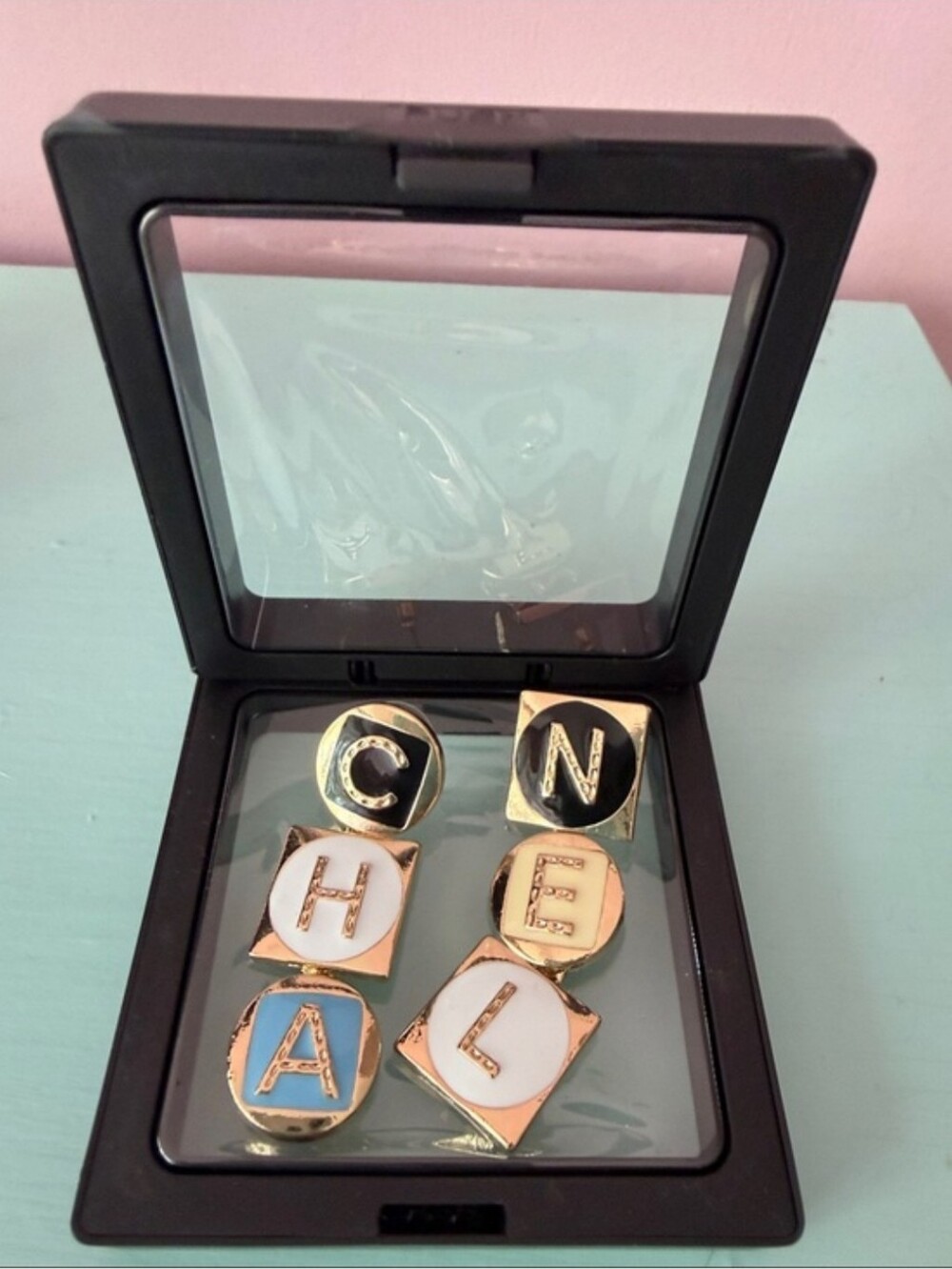 Gold-Tone Enamel Letter Stud Earrings in Black, White & Light Blue